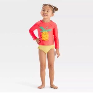 Cat & Jack Coral Pineapple Rash Guard Set with Yellow Polka Dot Bottoms, 18 Mo